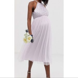 Maya Maternity Bridesmaid halter neck midi tulle dress with sequins - soft lilac
